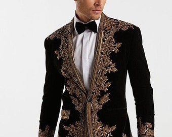 Men Black Velvet Hand Embroidered Blazer/Jacket/Coat For Wedding Groomsmen Dinner Office Prom Party Cocktail Personalized Gift For Him