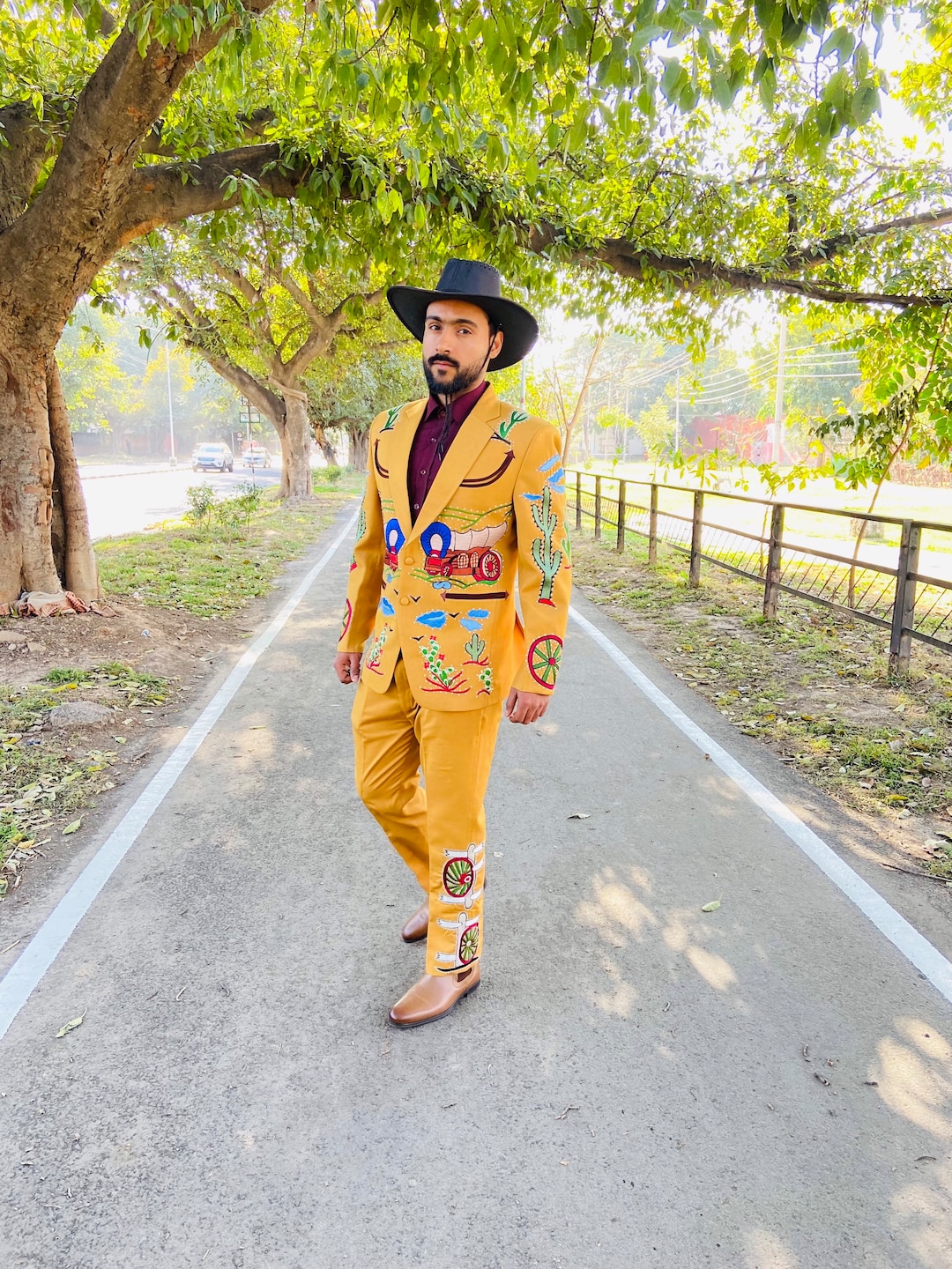 Men Two Piece Western Designer Suit Custom Made Embroidered Cotton