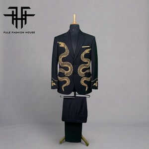 Bespoke Black Western Suit: golden snake Embroidered Blazer, Custom Fit