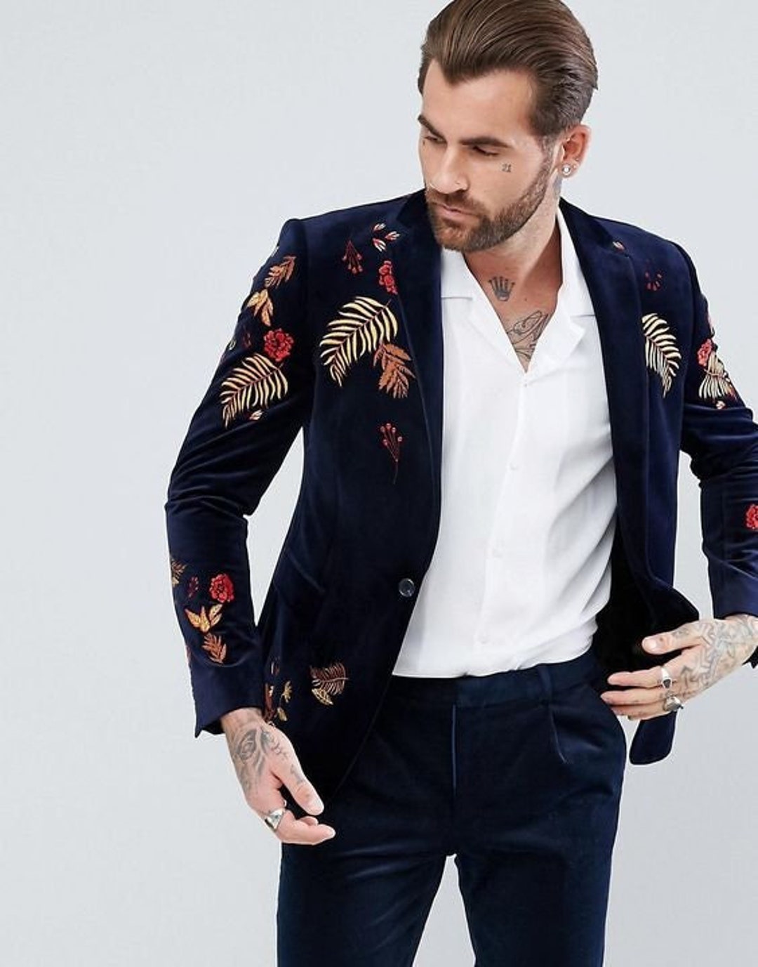 Men 2pc Blue Velvet Suit Personalized Floral Embroidered Notch - Etsy