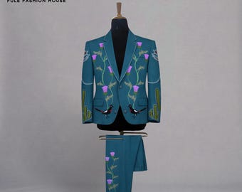 Wedding suit green , custom made suit, men embroidery