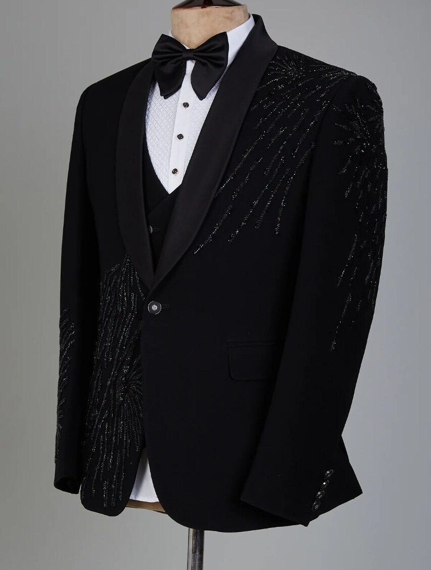Men Black Tuxedo Suit 3pc Hand Embroidered Premium Cotton Etsy