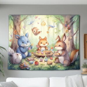 Animals Having a Picnic In The Forest Wall Tapestry, Children&#39;s Art, Hanging Wall Decor, Kids Decoration Gift For Home, Bedroom or Playroom