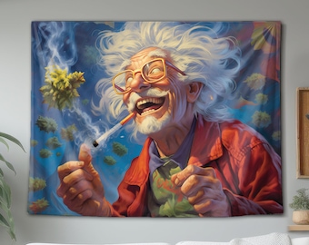 Mad Scientist Smokes By Marijuana Buds Wall Tapestry, Hanging Wall Art Decor, Psychedelic Trippy Art, For Living Room Bedroom Dorm