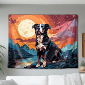 Dog Standing With The Moon Wall Tapestry, Hanging Wall Art Decor, Decoration Gift For Home Dorm or Office, Boho Interior