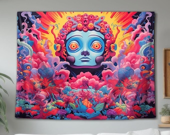 May include: A rectangular wall tapestry featuring a central blue face with large orange eyes, surrounded by a vibrant, psychedelic explosion of pink, red, yellow, and purple clouds, swirling smoke, and intricate floral patterns.