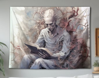 Persona lee un libro en un tapiz de pared de bosque espeluznante, decoración artística de pared colgante, oscuridad gótica, para sala de estar, dormitorio