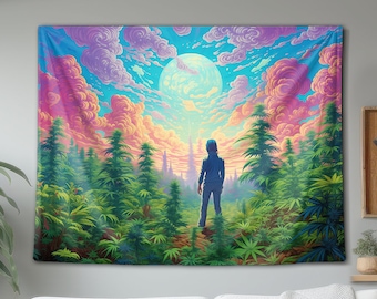 Person Stands In A Forest Of Marijuana Wall Tapestry, Hanging Wall Art Decor, Psychedelic Trippy Art, For Living Room Bedroom Dorm
