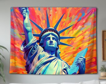 Statue Of Liberty At A Colourful Sunset Wall Tapestry, Hanging Wall Art Decor, Psychedelic Trippy Art, For Living Room Bedroom Dorm