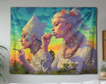 Two Ladies Smoke In A Marijuana Field Wall Tapestry, Hanging Wall Art Decor, Psychedelic Trippy Art, For Living Room Bedroom Dorm