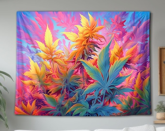 Trippy Colourful Marijuana Leaves Wall Tapestry, Hanging Wall Art Decor, Psychedelic Trippy Art, For Living Room Bedroom Dorm