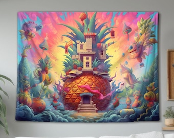 May include: A rectangular wall tapestry featuring a vibrant, surreal landscape with a large pineapple structure at the centre. The pineapple serves as a base for a stone castle, surrounded by colourful, abstract flora and floating shapes in pink, blue, and yellow hues.