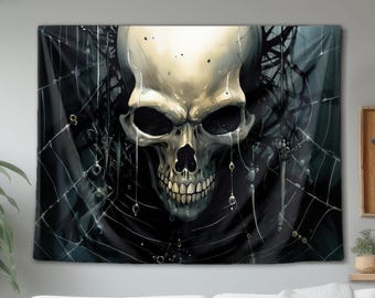 Tapiz mural con calavera en una telaraña gigante – Arte mural de fantasía oscura