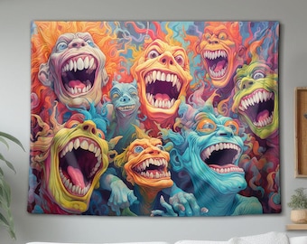 May include: A rectangular wall tapestry featuring a vibrant, chaotic illustration of multiple grotesque, colourful creatures with wide, toothy grins and expressive eyes. The artwork is filled with swirling patterns in shades of orange, blue, and green.