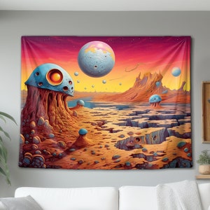 May include: A psychedelic tapestry featuring a surreal landscape with a large, blue, mushroom-like structure in the foreground. The background features a cracked, orange and brown surface with a large, blue, moon-like object in the sky.