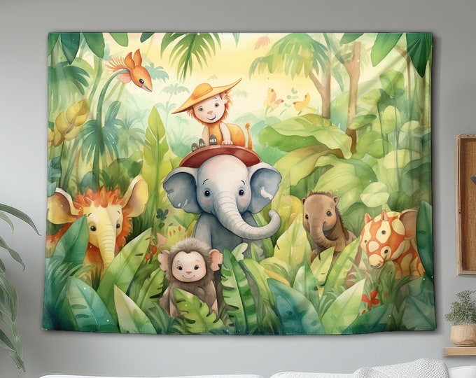 Safari Adventure With Cute Animals Wall Tapestry, Children's Art, Hanging Wall Decor, Kids Decoration Gift For Home, Bedroom or Playroom