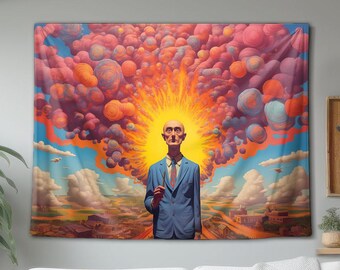 May include: A wall tapestry featuring a central figure in a blue suit standing before a bright yellow sunburst. Above the figure, large, swirling clouds in shades of pink, orange, and purple fill the sky, while a landscape with buildings sits below.