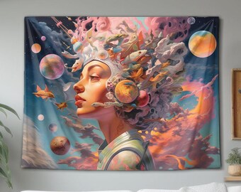May include: A rectangular wall tapestry featuring a profile view of a person with an elaborate, surreal headdress composed of swirling pink clouds, aquatic creatures, and celestial spheres set against a deep blue cosmic background with planets.