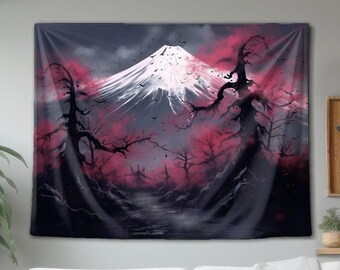 Tapisserie murale gothique représentant le Mont Fuji et des cerisiers roses – Art mural fantastique sombre