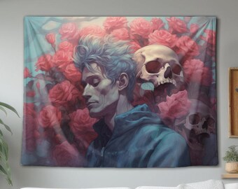 Tapiz mural "Hombre entre rosas rojas y calaveras" – Arte gótico oscuro con retratos
