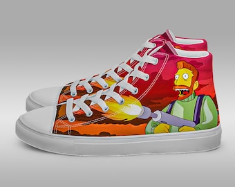 Hank Scorpio, High Top Canvas Shoes, Hand Made, Trendy Footwear, Red and White, The Simpsons, You Only Move Twice