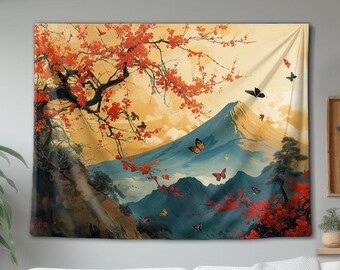 Tapisserie murale représentant le mont Fuji avec des papillons et des fleurs de cerisier – Décoration de paysage japonais