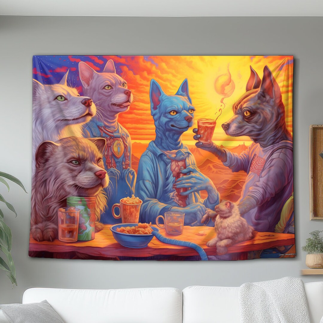 Trippy Tea Dogs Having A Trippy Tea Party at Sunset Wall Tapestry, Hanging Wall ...