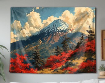 Tapisserie murale représentant le mont Fuji et des arbres d'automne – Décoration de paysage japonais