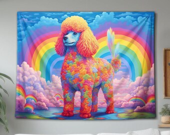 May include: A rectangular wall tapestry featuring a poodle with curly, multi-coloured fur standing amidst fluffy pink and blue clouds. A vibrant, multi-coloured rainbow arches across the sky behind the dog, creating a bright, saturated scene.