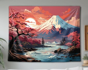 Tapisserie murale représentant le mont Fuji et des cerisiers en fleurs – Art mural botanique