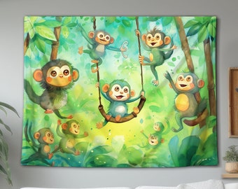 Niedliche Affen spielen im Regenwald Wandteppich, Kinderkunst, hängendes Wanddekor, Kinderdekorationsgeschenk für Zuhause, Schlafzimmer oder Spielzimmer