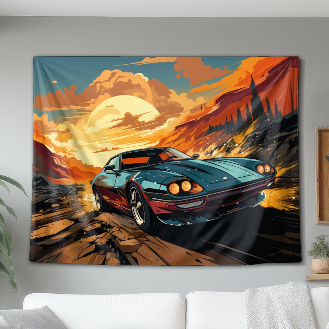 Sunset 1970s Sports Car Wall Tapestry, Hanging Wall Art Decor ...