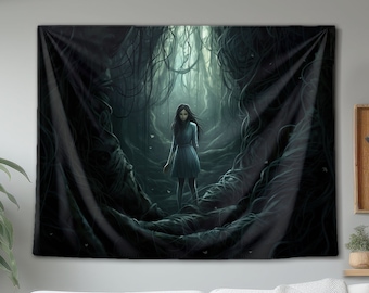 Chica explora un tapiz de pared de cueva oscura y espeluznante, decoración artística de pared colgante, oscuridad gótica, para sala de estar, dormitorio