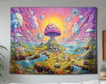 May include: A rectangular wall tapestry featuring a surreal landscape with a large central mushroom, flowing blue rivers, and floating cloud-like shapes. The scene is rendered in vibrant shades of pink, purple, orange, and yellow under a bright sun.