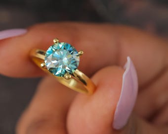 Round Cut 2 Ct Green Diamond Engagement Ring, Natural Diamond, 925 Silver 10k 14K 18k Gold Ring, Handmade Jewelry For Weddings or Proposals