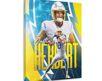 Justin Herbert Poster, Los Angeles Chargers, Canvas Wrap Wall Art, NFL Football, Sports Bar & Man Cave Decor
