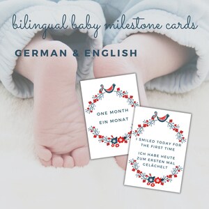 Duitse en Engelse babymijlpaalkaarten - vogelillustraties, elegante 24 kaarten