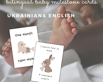 Ukrainian & English Baby Milestone Cards - Baby Woodland Animals, Sweet Set of 24