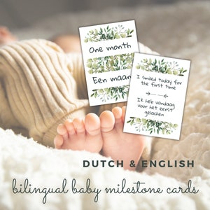 Elegantes tarjetas de hitos para bebés en holandés e inglés: diseño de hojas, 24 tarjetas