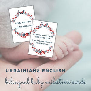 Mooie Oekraïense en Engelse tweetalige babymijlpaalkaarten - Vogelthema, elegante set van 24