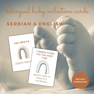 Cartões bilíngues de marcos para bebês em sérvio e inglês, 24 cartões, acessórios fotográficos, presente para chá de bebê, arco-íris, download instantâneo