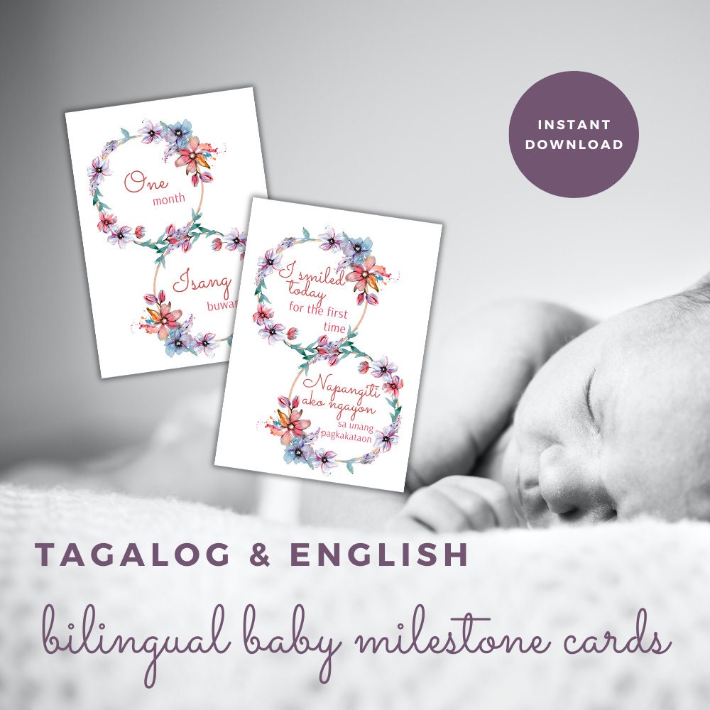 Tagalog \u0026 English Bilingual Baby Milestone Cards, 24 Cards, Photo Props,  Baby Shower Gift, Floral, Instant Download - Etsy, image size:1000x1000