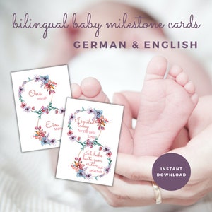 Cartões bilíngues para bebês em alemão e inglês, 24 cartões, adereços fotográficos, presente para chá de bebê, floral, download instantâneo