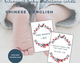Chinese & English Bilingual Baby Milestone Cards, 24 cards, Photo Props, Baby Shower Gift, Bird, Instant Download