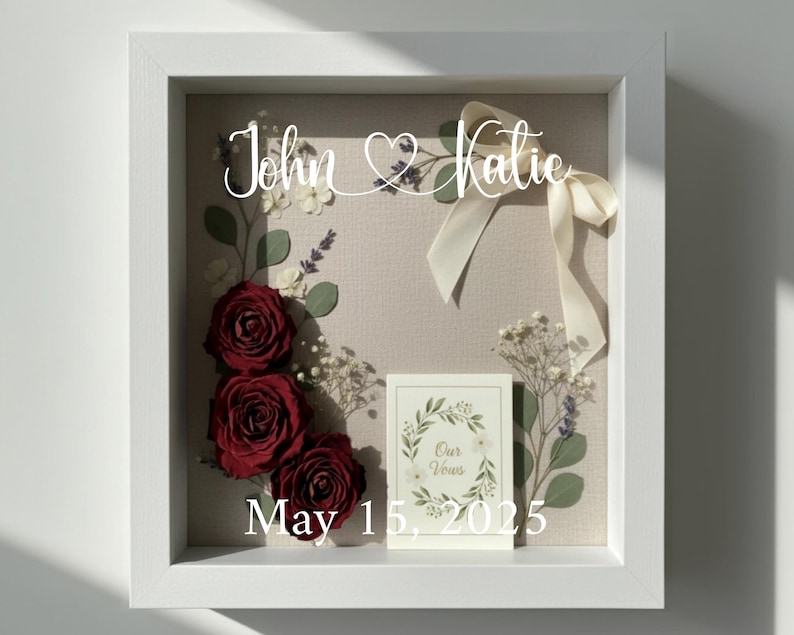 Anniversary Gift Shadowbox Personalized Memory Frame Wedding Keepsake Display Glass Front Design Custom Name Creation Pressed Flower Preservation Display Wedding Photo Showcase Special Moment Capture Collection Marriage Memento Storage