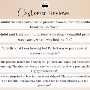 May include: A beige background with the text "Customer Reviews" in a handwritten font. Several customer reviews are displayed in white boxes, praising the product and shop experience.
