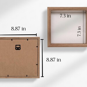 May include: Two square wooden shadow boxes. One box is shown from the back, measuring 8.87 inches on each side. The other box is shown from the front, with a 7.3-inch square opening. The boxes have a natural wood finish.