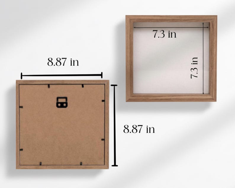 May include: Two square wooden shadow boxes. One box is shown from the back, measuring 8.87 inches on each side. The other box is shown from the front, with a 7.3-inch square opening. The boxes have a natural wood finish.