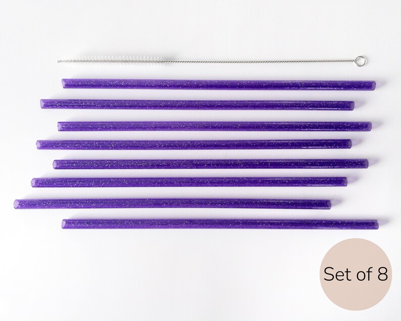 May include: Set of eight purple reusable drinking straws with a silver cleaning brush.  Set of 8.