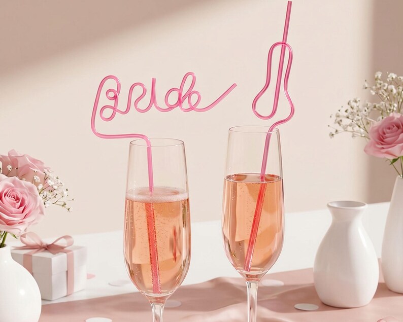 May include: Two champagne flutes filled with a pink beverage, each with a pink straw. One straw spells "Bride". The glasses are on a pink surface, with pink roses and a gift box in the background. A celebratory theme.